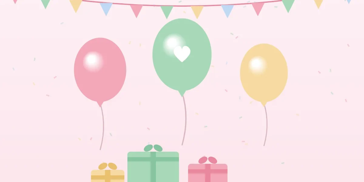 Babyshower illustratie met pastel ballonnen, vlaggetjesslinger en cadeautjes