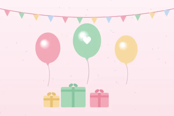 Babyshower illustratie met pastel ballonnen, vlaggetjesslinger en cadeautjes